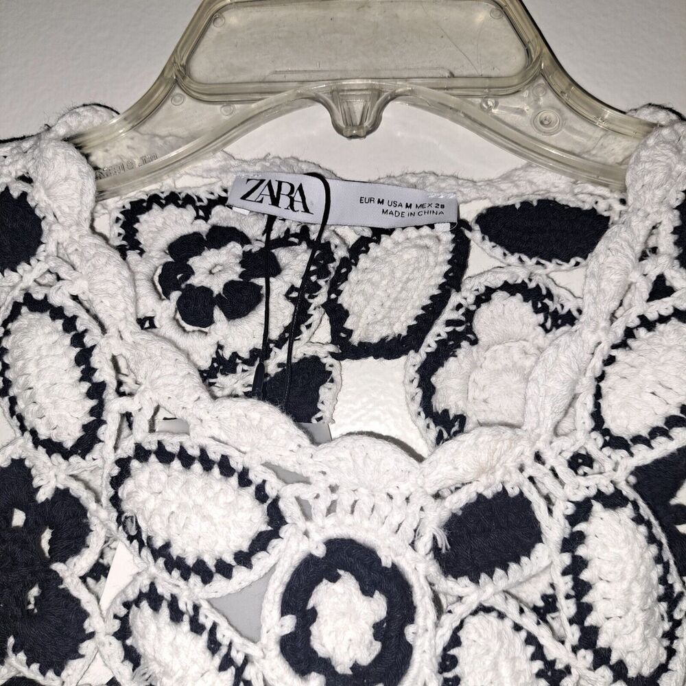 ZARA Black White Floral Crochet Crop Top Tassels Boho Festival Size M - Picture 4 of 8
